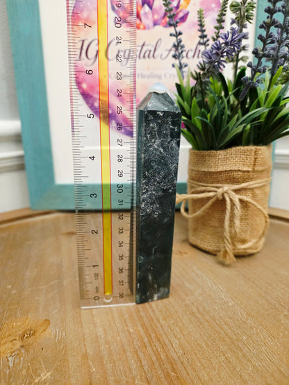Natural Moss Agate Crystal Tower | Polished Green Moss Agate Point | 5" Decorative Crystal Tower | One-of-a-Kind Mineral Specimen