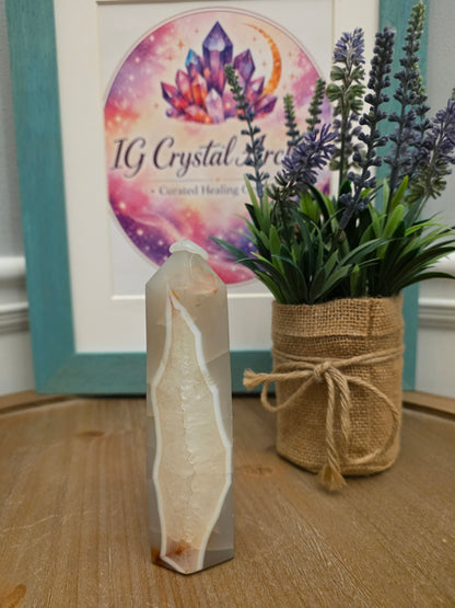 Natural Druzy Agate Tower | Polished Banded Agate Crystal Point with Quartz Druzy | Grey & Cream Agate Decor | One-of-a-Kind Mineral Specimen