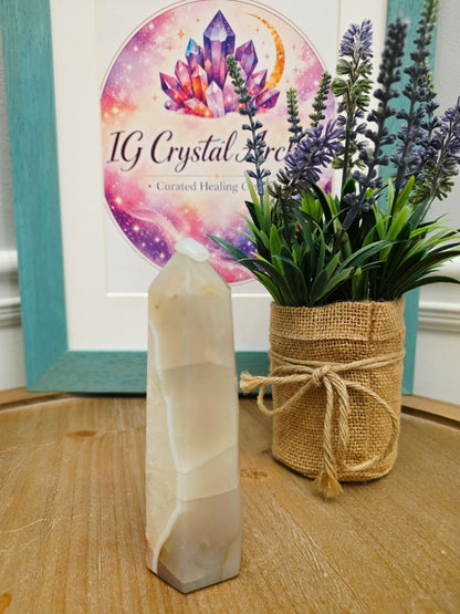 Natural Druzy Agate Tower | Polished Banded Agate Crystal Point with Quartz Druzy | Grey & Cream Agate Decor | One-of-a-Kind Mineral Specimen