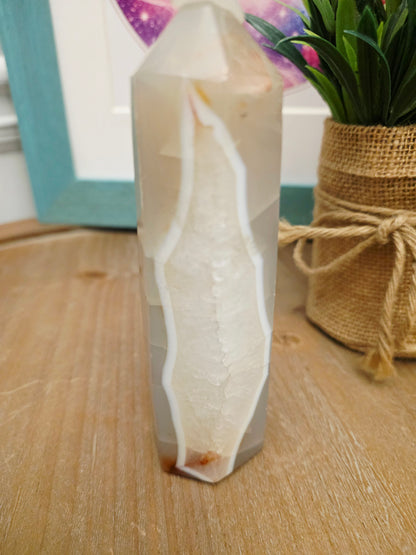 Natural Druzy Agate Tower | Polished Banded Agate Crystal Point with Quartz Druzy | Grey & Cream Agate Decor | One-of-a-Kind Mineral Specimen