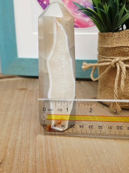 Natural Druzy Agate Tower | Polished Banded Agate Crystal Point with Quartz Druzy | Grey & Cream Agate Decor | One-of-a-Kind Mineral Specimen