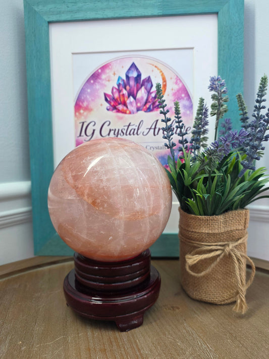 Large Pink Calcite Sphere 4" | Natural Mangano Calcite Crystal Sphere with Stand | Polished Pink Stone Home Décor
