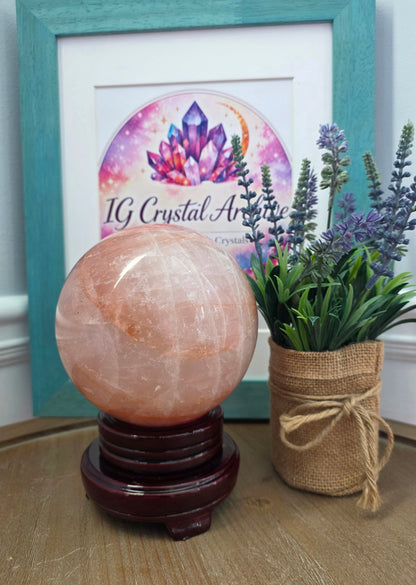 Large Pink Calcite Sphere 4" | Natural Mangano Calcite Crystal Sphere with Stand | Polished Pink Stone Home Décor