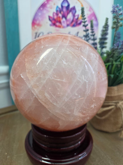 Large Pink Calcite Sphere 4" | Natural Mangano Calcite Crystal Sphere with Stand | Polished Pink Stone Home Décor