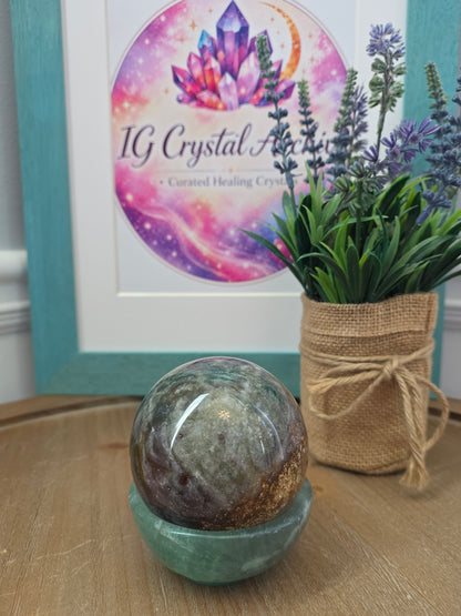 Polychrome Jasper Sphere with Green Fluorite Bowl Stand | 2.5" Natural Crystal Display Set | Collector Mineral Décor