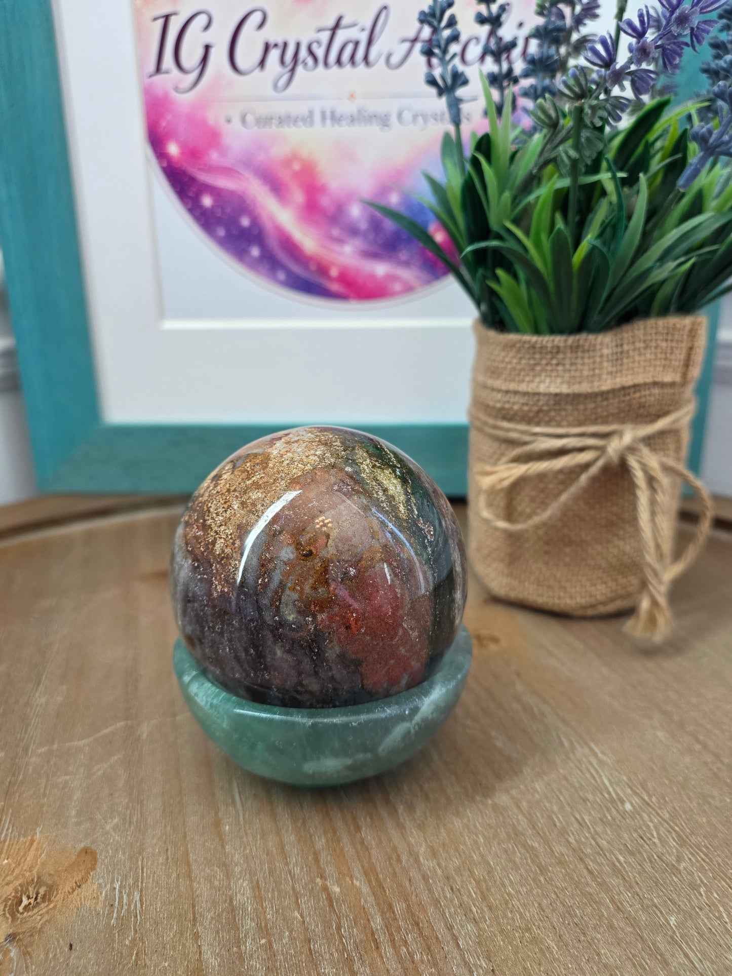 Polychrome Jasper Sphere with Green Fluorite Bowl Stand | 2.5" Natural Crystal Display Set | Collector Mineral Décor