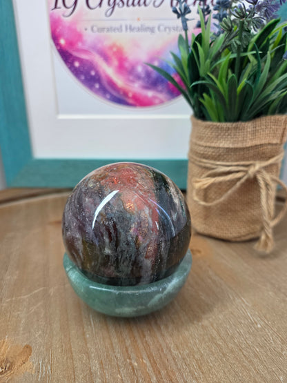 Polychrome Jasper Sphere with Green Fluorite Bowl Stand | 2.5" Natural Crystal Display Set | Collector Mineral Décor