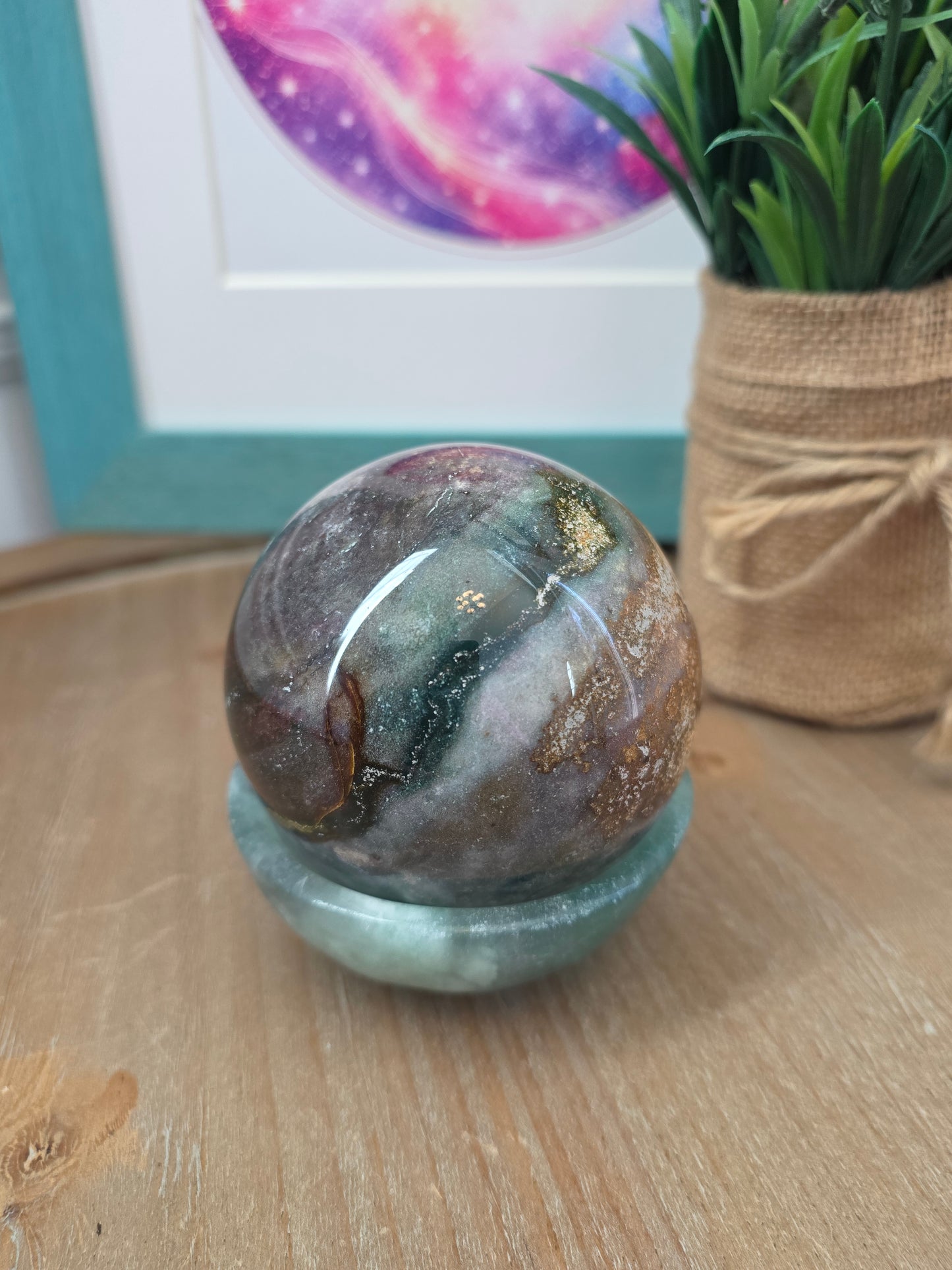 Polychrome Jasper Sphere with Green Fluorite Bowl Stand | 2.5" Natural Crystal Display Set | Collector Mineral Décor