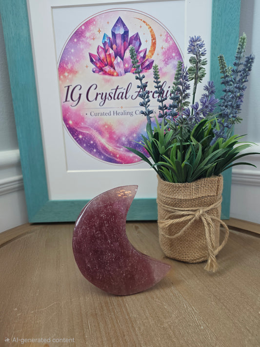 Strawberry Quartz Crescent Moon Carving | 4" Natural Crystal Moon | Pink Gemstone Home Décor