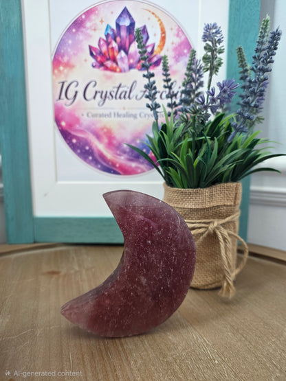 Strawberry Quartz Crescent Moon Carving | 4" Natural Crystal Moon | Pink Gemstone Home Décor