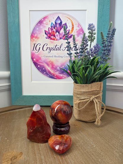 Carnelian Crystal Gift Set | Carnelian Sphere, Flame, Heart & Wooden Display Stand | 4-Piece Decorative Crystal Collection