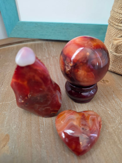 Carnelian Crystal Gift Set | Carnelian Sphere, Flame, Heart & Wooden Display Stand | 4-Piece Decorative Crystal Collection
