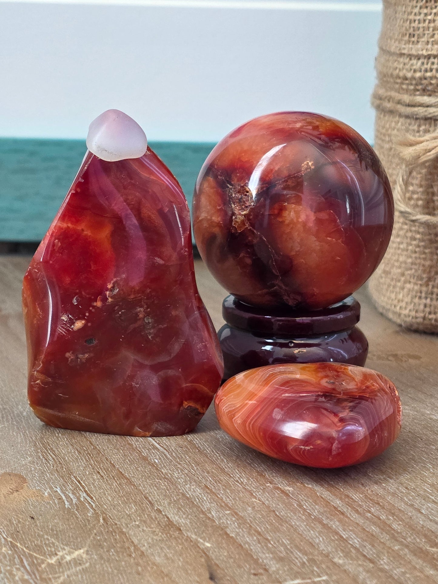Carnelian Crystal Gift Set | Carnelian Sphere, Flame, Heart & Wooden Display Stand | 4-Piece Decorative Crystal Collection