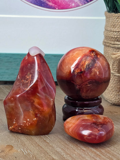 Carnelian Crystal Gift Set | Carnelian Sphere, Flame, Heart & Wooden Display Stand | 4-Piece Decorative Crystal Collection