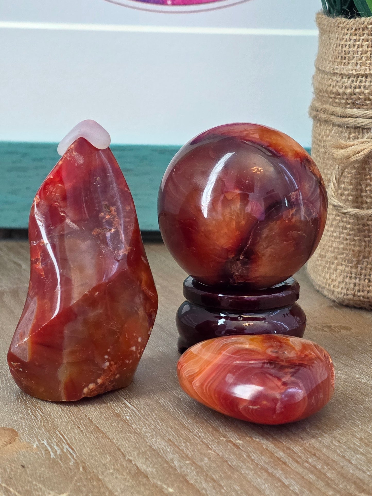 Carnelian Crystal Gift Set | Carnelian Sphere, Flame, Heart & Wooden Display Stand | 4-Piece Decorative Crystal Collection