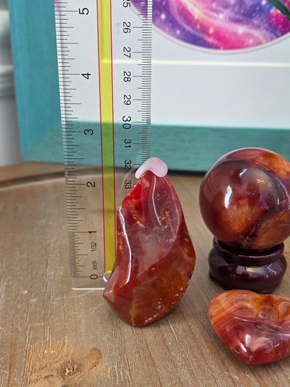Carnelian Crystal Gift Set | Carnelian Sphere, Flame, Heart & Wooden Display Stand | 4-Piece Decorative Crystal Collection