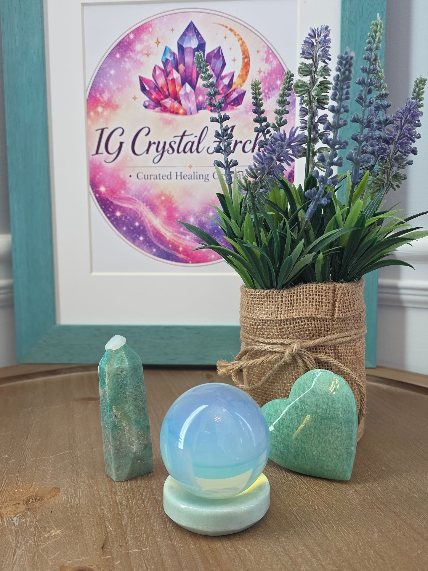 Amazonite Gift Set with Opalite Sphere | Crystal Tower, Heart & Display Stand | Decorative Crystal Collection