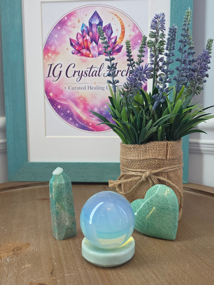 Amazonite Gift Set with Opalite Sphere | Crystal Tower, Heart & Display Stand | Decorative Crystal Collection