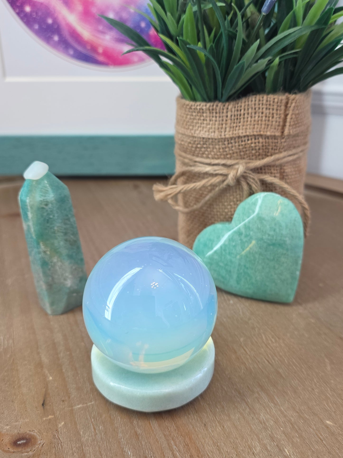 Amazonite Gift Set with Opalite Sphere | Crystal Tower, Heart & Display Stand | Decorative Crystal Collection