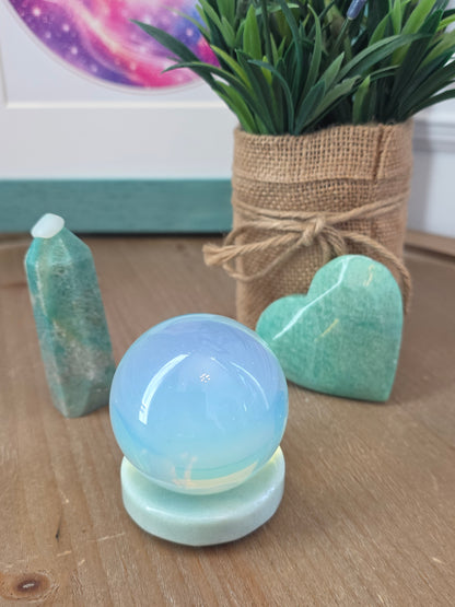 Amazonite Gift Set with Opalite Sphere | Crystal Tower, Heart & Display Stand | Decorative Crystal Collection