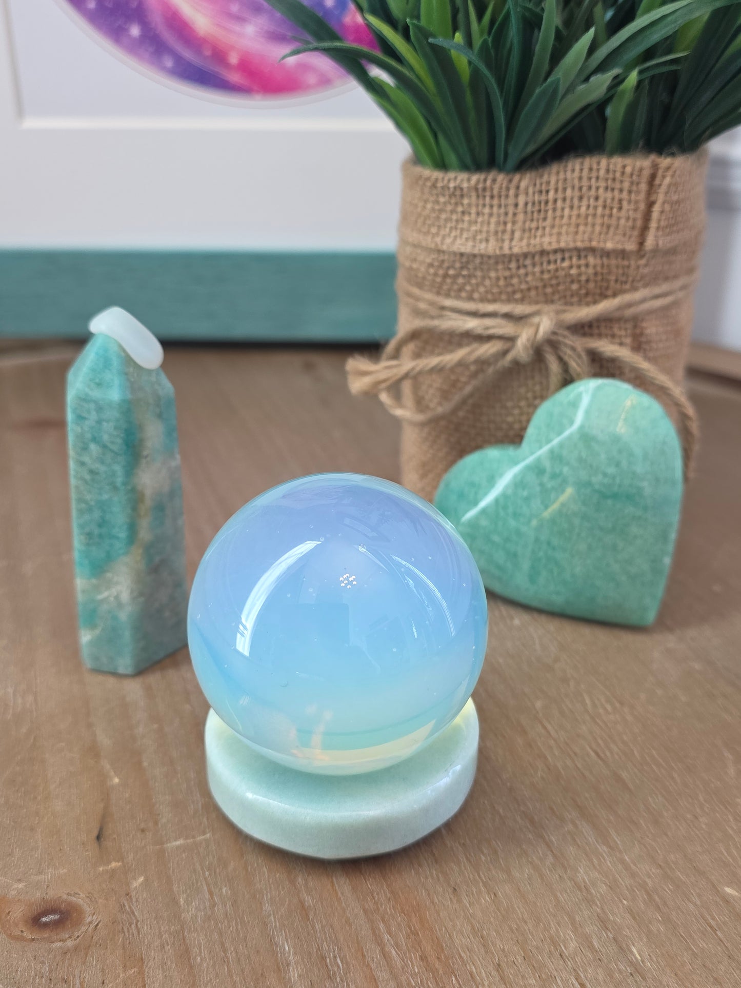 Amazonite Gift Set with Opalite Sphere | Crystal Tower, Heart & Display Stand | Decorative Crystal Collection