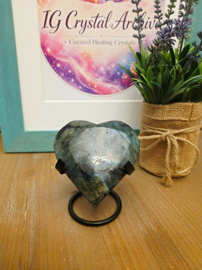 Labradorite Crystal Heart | Large Polished Labradorite Heart with Blue Flash | Protection Intuition Crystal | Crystal Home Decor Gift