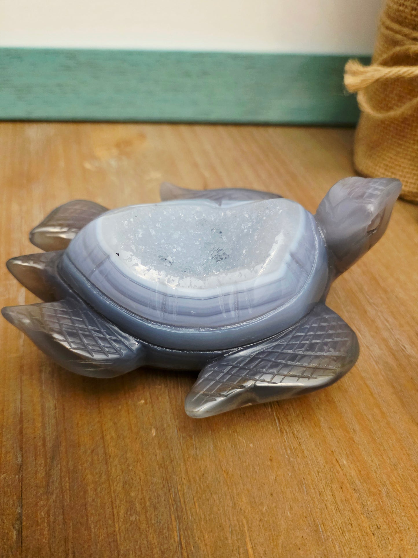 Druzy Agate Sea Turtle Crystal Carving | Gray Blue Banded Agate Turtle with Druzy | Ocean Crystal Decor | Crystal Collector Gift