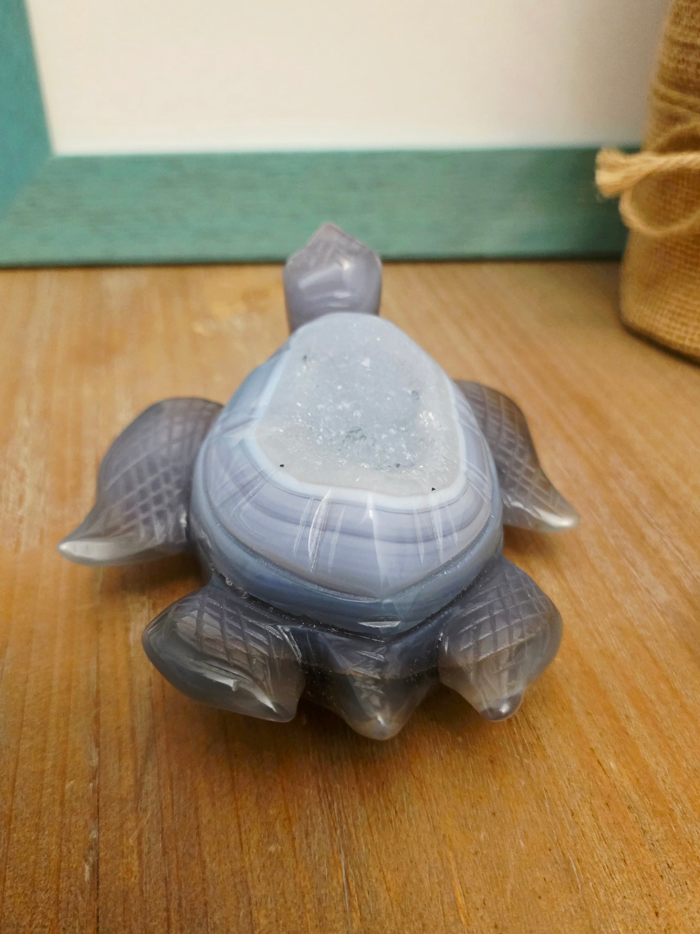 Druzy Agate Sea Turtle Crystal Carving | Gray Blue Banded Agate Turtle with Druzy | Ocean Crystal Decor | Crystal Collector Gift