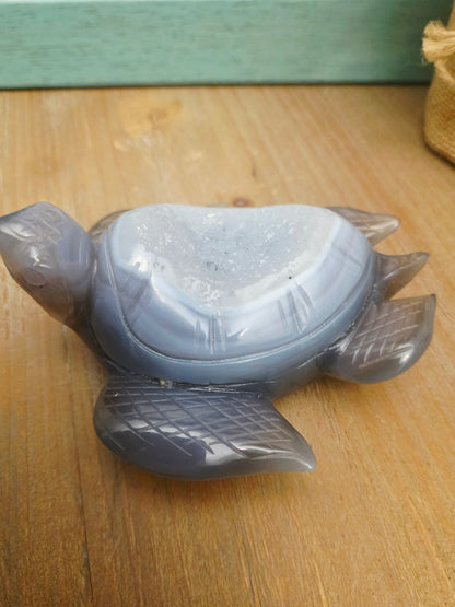 Druzy Agate Sea Turtle Crystal Carving | Gray Blue Banded Agate Turtle with Druzy | Ocean Crystal Decor | Crystal Collector Gift