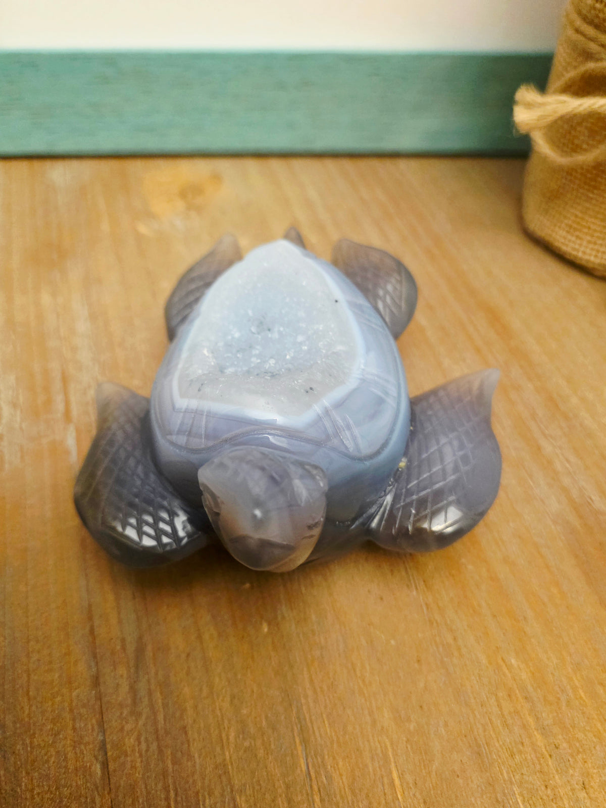 Druzy Agate Sea Turtle Crystal Carving | Gray Blue Banded Agate Turtle with Druzy | Ocean Crystal Decor | Crystal Collector Gift