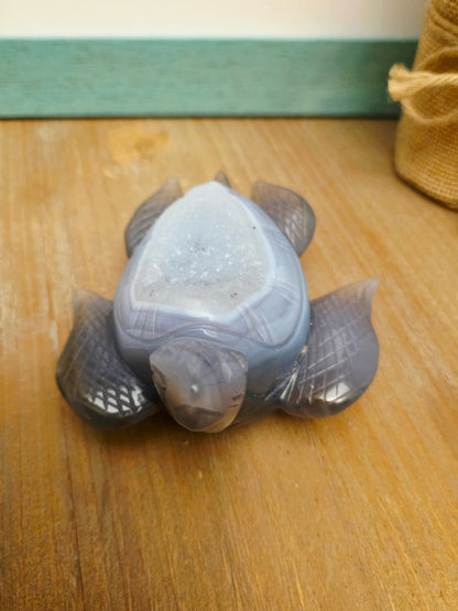 Druzy Agate Sea Turtle Crystal Carving | Gray Blue Banded Agate Turtle with Druzy | Ocean Crystal Decor | Crystal Collector Gift