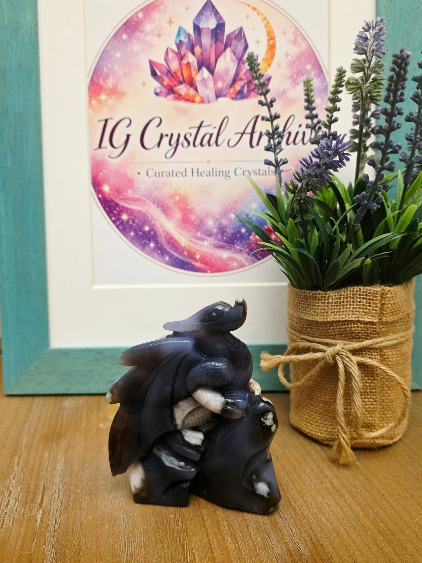 Large Agate Dragon Crystal Carving with Flower | Dark Gray Chalcedony Dragon | Hand Carved Crystal Dragon | Fantasy Crystal Decor
