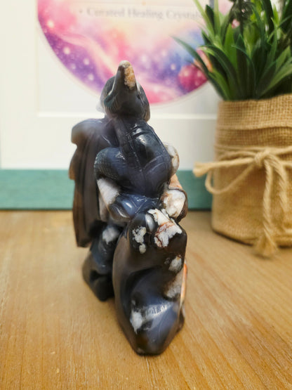 Large Agate Dragon Crystal Carving with Flower | Dark Gray Chalcedony Dragon | Hand Carved Crystal Dragon | Fantasy Crystal Decor