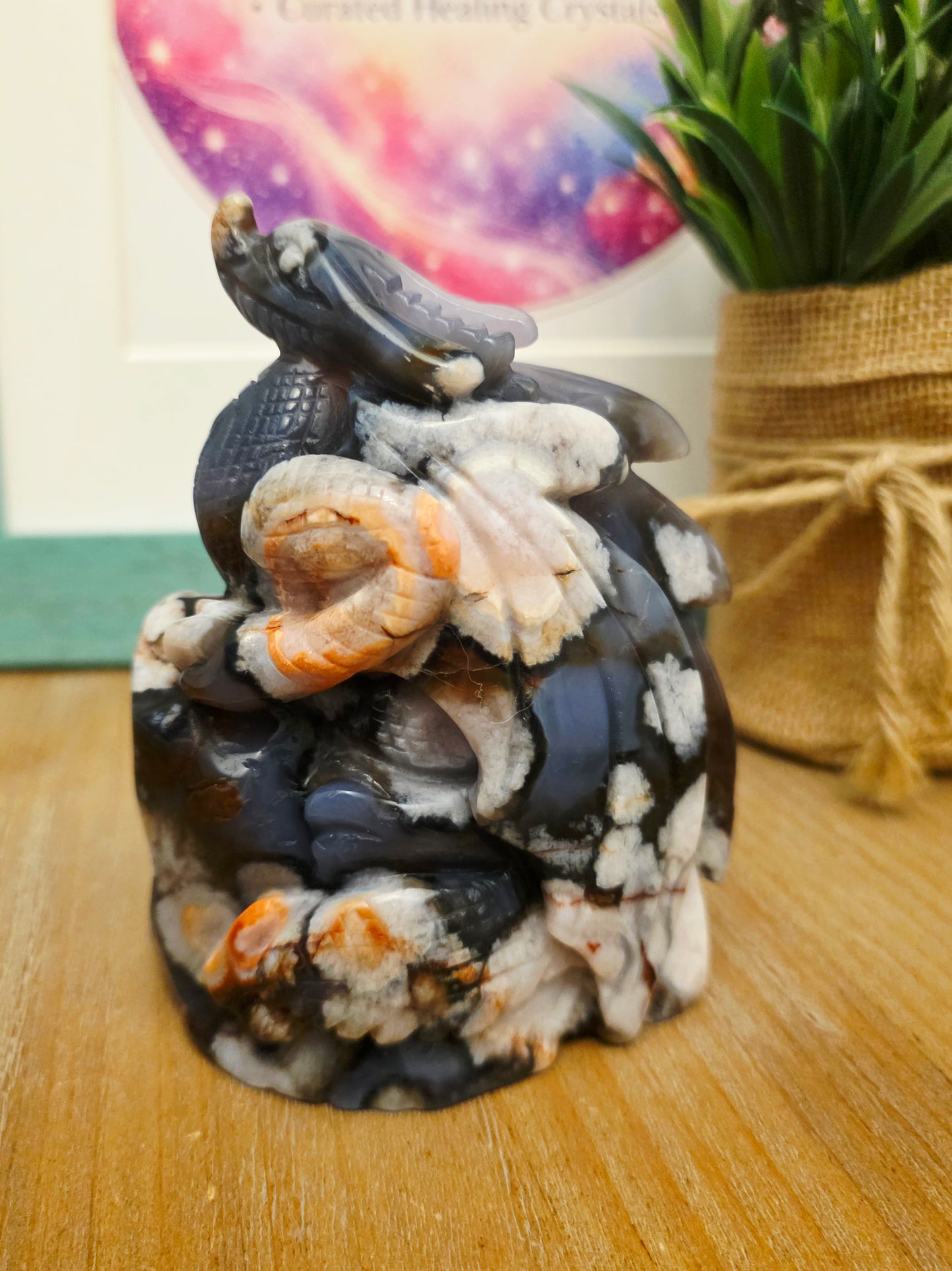 Large Agate Dragon Crystal Carving with Flower | Dark Gray Chalcedony Dragon | Hand Carved Crystal Dragon | Fantasy Crystal Decor