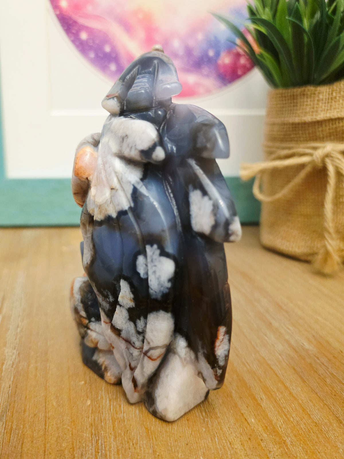 Large Agate Dragon Crystal Carving with Flower | Dark Gray Chalcedony Dragon | Hand Carved Crystal Dragon | Fantasy Crystal Decor