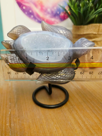 Druzy Agate Sea Turtle Crystal Carving | Gray Blue Banded Agate Turtle with Druzy | Ocean Crystal Decor | Crystal Collector Gift