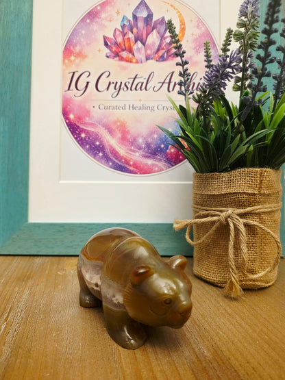 Flower Agate Panda Carving with Druzy | Cherry Blossom Agate Crystal Panda Figurine | Crystal Animal