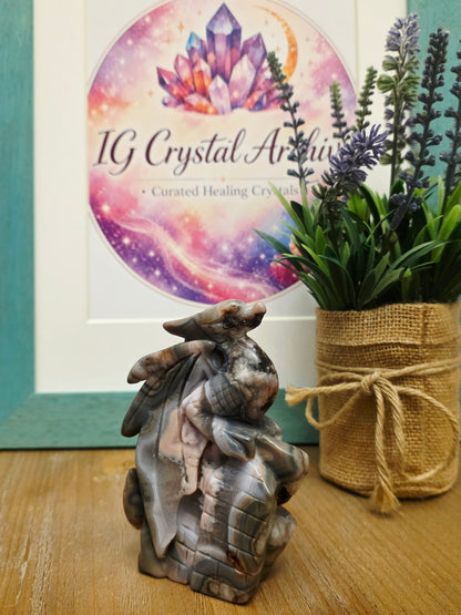 Crazy Lace Agate Druzy Dragon Carving | Gray Pink Crystal Dragon | Large Natural Agate Fantasy Sculpture