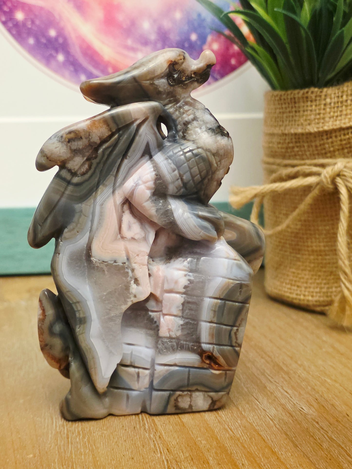 Crazy Lace Agate Druzy Dragon Carving | Gray Pink Crystal Dragon | Large Natural Agate Fantasy Sculpture