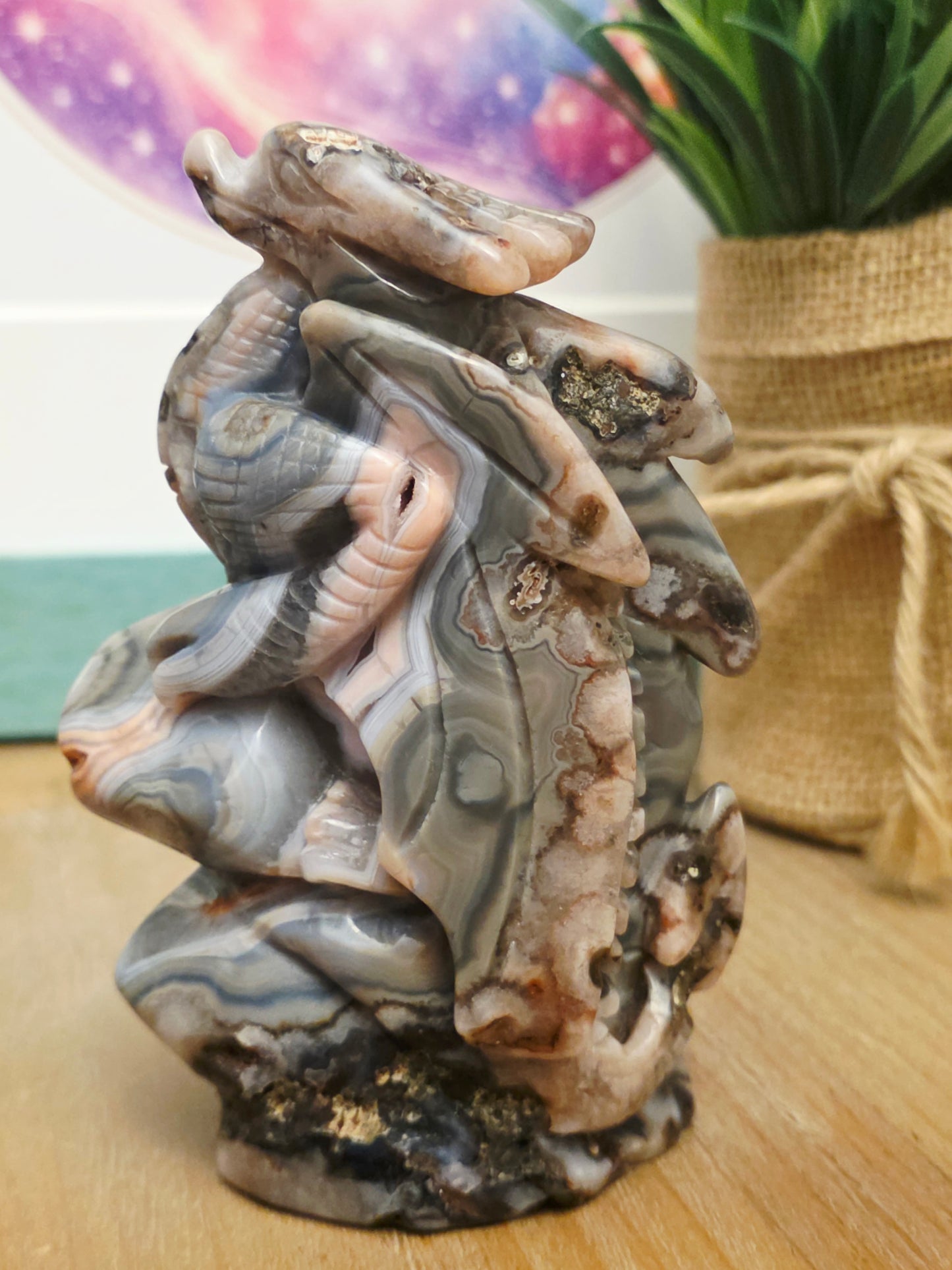 Crazy Lace Agate Druzy Dragon Carving | Gray Pink Crystal Dragon | Large Natural Agate Fantasy Sculpture