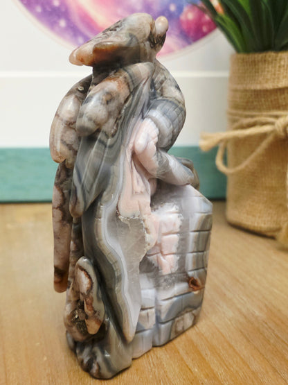Crazy Lace Agate Druzy Dragon Carving | Gray Pink Crystal Dragon | Large Natural Agate Fantasy Sculpture