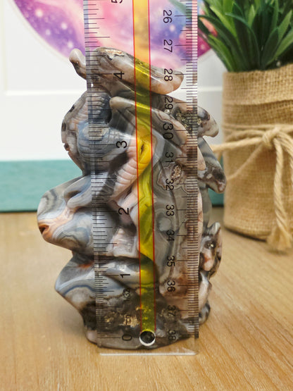 Crazy Lace Agate Druzy Dragon Carving | Gray Pink Crystal Dragon | Large Natural Agate Fantasy Sculpture