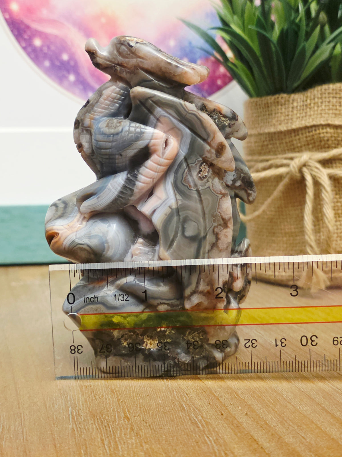 Crazy Lace Agate Druzy Dragon Carving | Gray Pink Crystal Dragon | Large Natural Agate Fantasy Sculpture