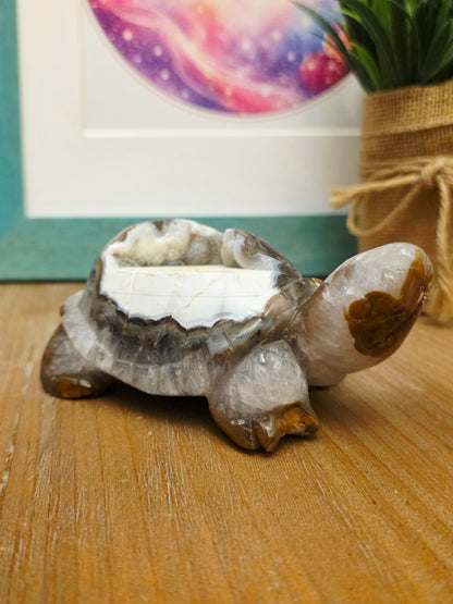 Natural Agate Geode Turtle Carving | Druzy Crystal Turtle | Large 4.25" Crystal Animal | One-of-a-Kind Agate Decor
