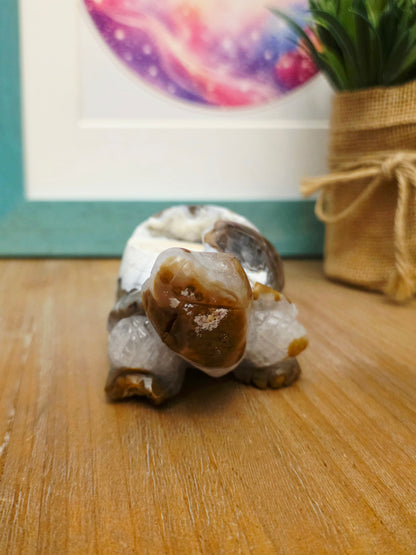 Natural Agate Geode Turtle Carving | Druzy Crystal Turtle | Large 4.25" Crystal Animal | One-of-a-Kind Agate Decor