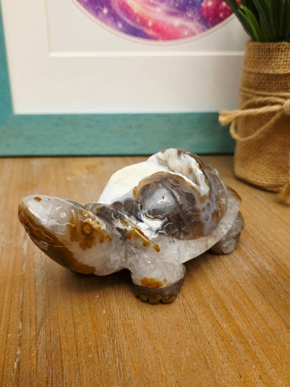 Natural Agate Geode Turtle Carving | Druzy Crystal Turtle | Large 4.25" Crystal Animal | One-of-a-Kind Agate Decor