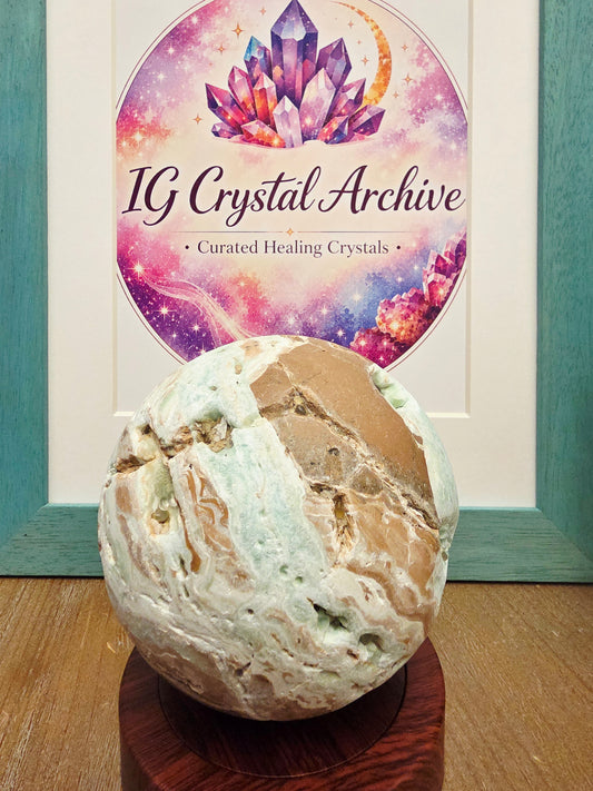 Large Natural Crystal Sphere | Mint Green & Caramel Matrix Stone | Druzy Cavities | 3.75” Statement Crystal | One of a Kind