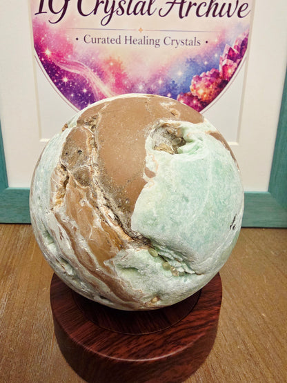 Large Natural Crystal Sphere | Mint Green & Caramel Matrix Stone | Druzy Cavities | 3.75” Statement Crystal | One of a Kind