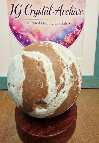 Large Natural Crystal Sphere | Mint Green & Caramel Matrix Stone | Druzy Cavities | 3.75” Statement Crystal | One of a Kind