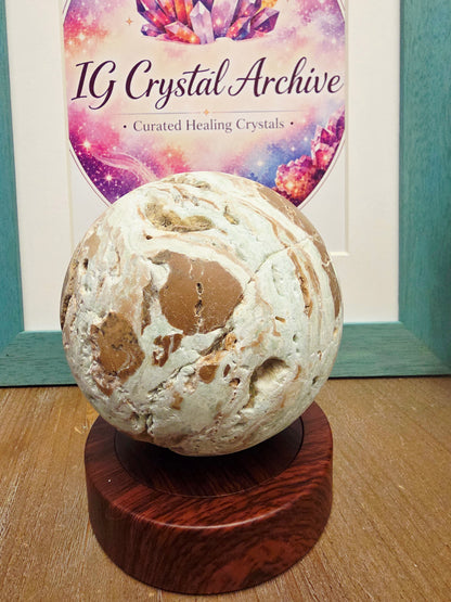 Large Natural Crystal Sphere | Mint Green & Caramel Matrix Stone | Druzy Cavities | 3.75” Statement Crystal | One of a Kind
